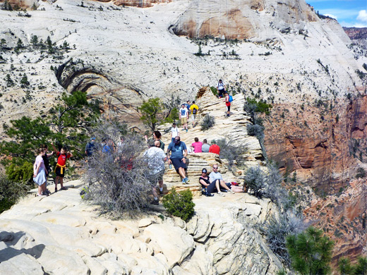 Hikers on the white slickrock summit of Angels Landing