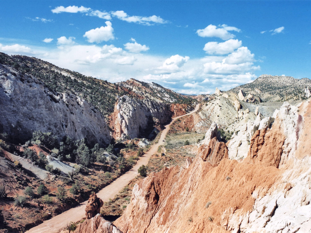 Red and white cliffs along the road