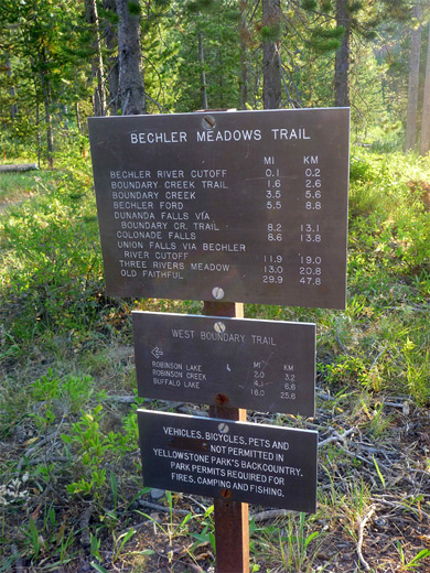 Trailhead sign at the Bechler River ranger station